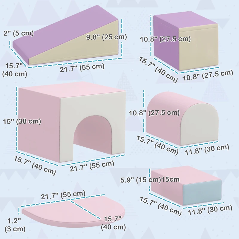 Qaba 7 Piece Indoor Soft Play for Toddlers Climb and Crawl - Pink/ Purple