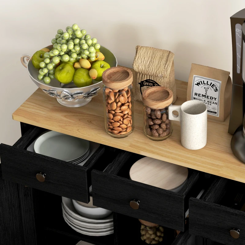 HOMCOM Kitchen Storage Cabinet, Sideboard Floor Cupboard with Solid Wood Top, Adjustable Shelf, and 3 Drawers, Black Wood Grain