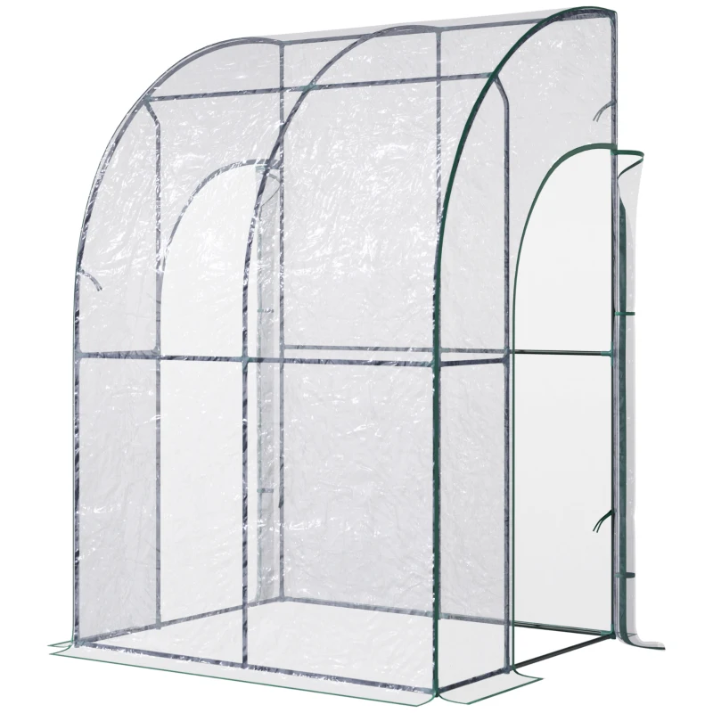 Outsunny 5' x 4' x 7' Lean-to Greenhouse, Walk-in Wall Mounted Hot House & Plant Nursery with 2 Zippered Roll Up Doors, Sloping PVC Cover, Green and Clear