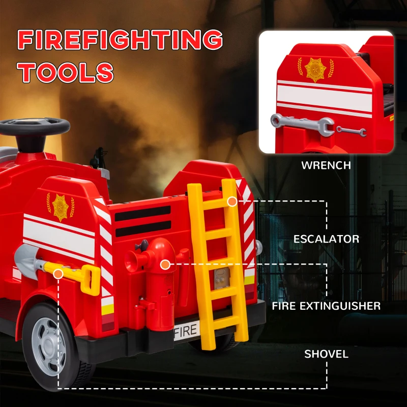 Qaba 12V Ride on Fire Truck with Siren, Flashing Lights Fire Extinguisher, Soft Start, Horn Music, Red