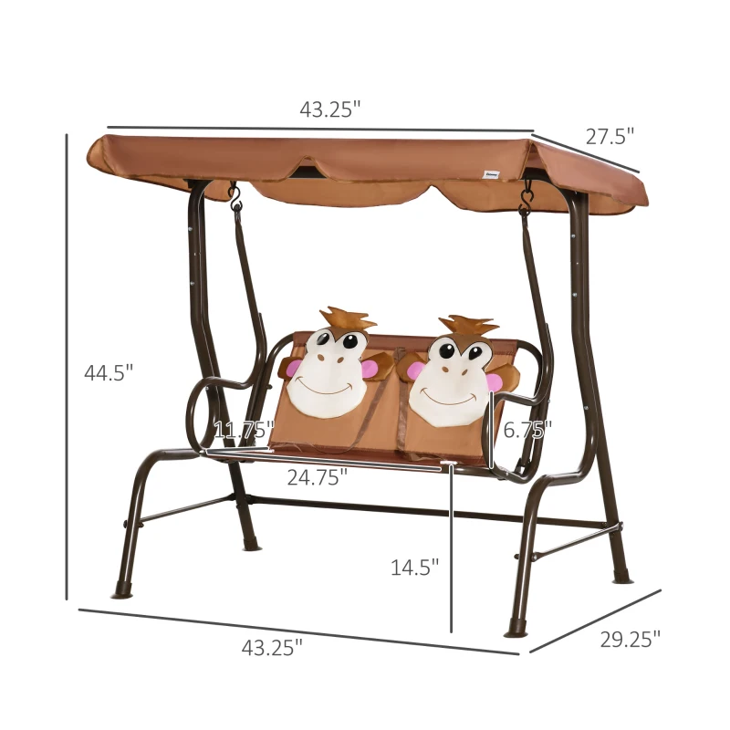 Outsunny Porch Swing for Kids with Adjustable Canopy to Block Sun at Angles, Kids Swing Chair with Seatbelts, Monkey Pattern, Gift for Kids Ages 3-6, Coffee