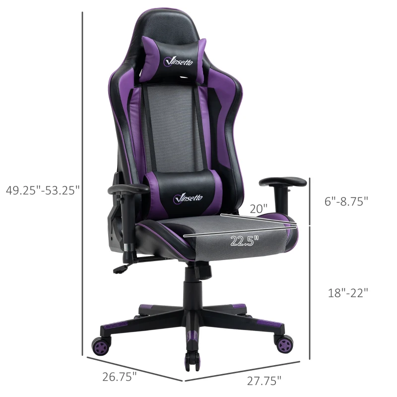 Vinsetto Gaming Chair Racing Style Ergonomic Office Chair High Back Computer Desk Chair Adjustable Height Swivel Recliner with Headrest and Lumbar Support, Purple