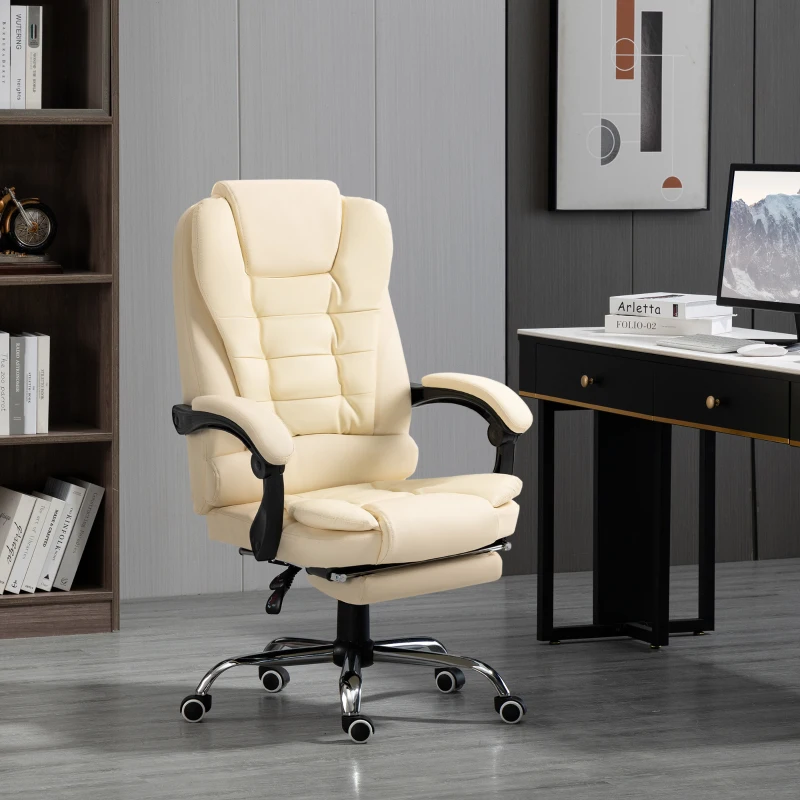 HOMCOM High Back Office Chair PU Leather Executive Office Chair with Retractable Footrest Padded Armrest Cream White