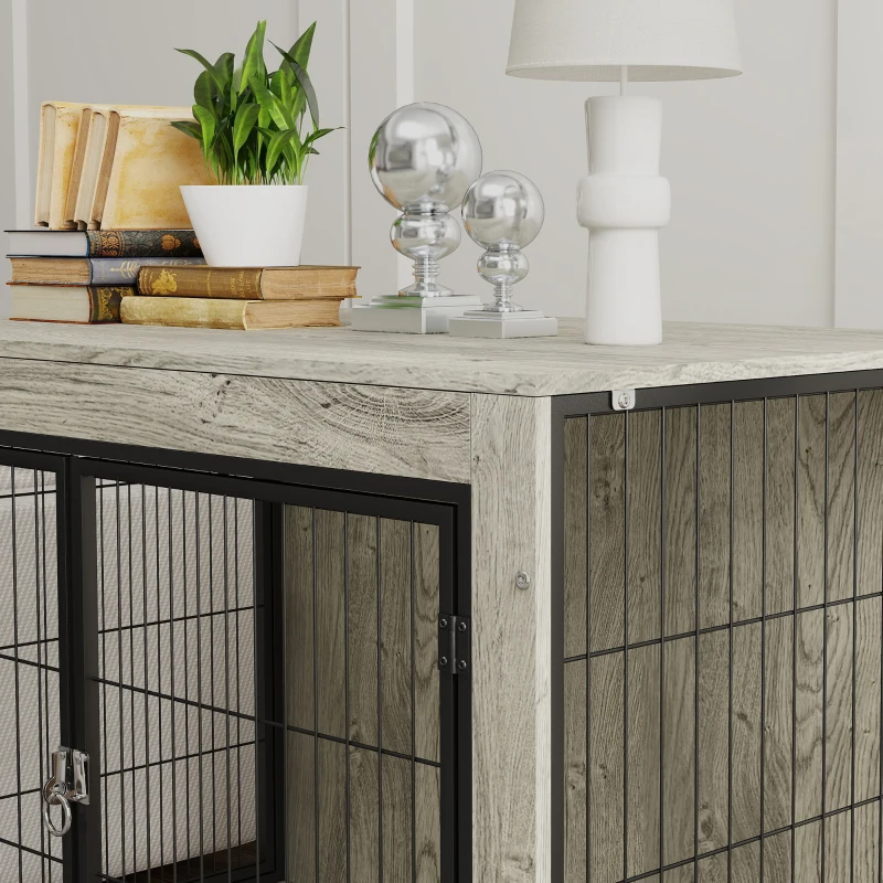 PawHut 39" Dog Crate Furniture End Side Table with Wheels, Interchangeable Side Door, for Large Dogs, Gray