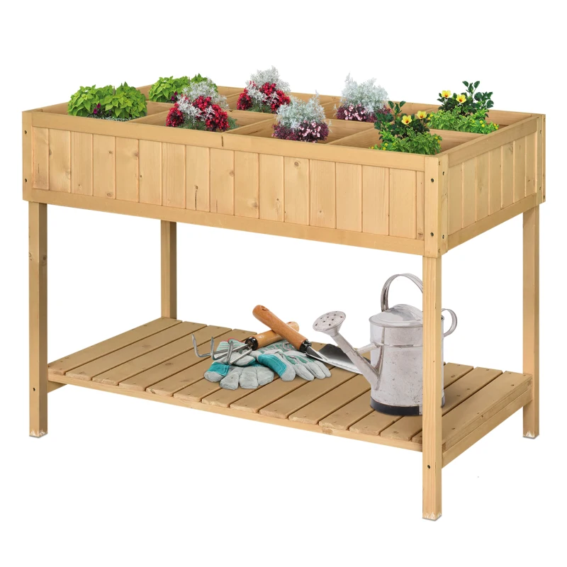 Outsunny 43.25" x 18" x 30" Raised Garden Bed, Wooden Plant Stand with 8 Grid Box, Storage Shelf for Outdoor, Natural Wood Colour