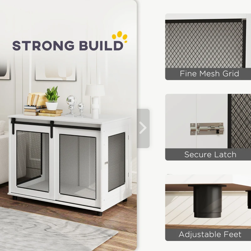 PawHut 39" Dog Crate Furniture with Sliding Barn Door, Furniture Style Dog Cage End Table for Large Dogs, White