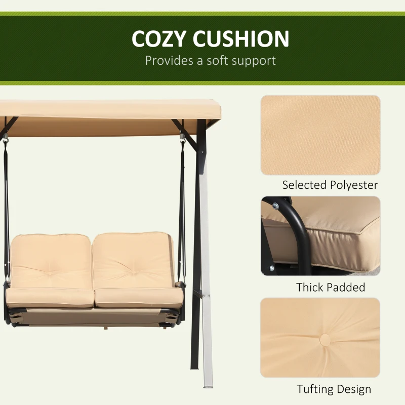 Outsunny 2 Seater Covered Outdoor Swing Chair Hammock Bench with Cushion Tilt Canopy Beige