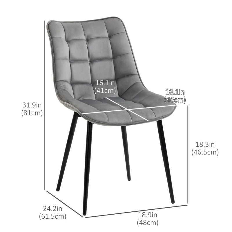 HOMCOM Upholstered Dining Chair Lounge Chair Soft Set of 2 Velvet-Touch Kitchen Reception Living Room Chair with Metal Legs, Grey