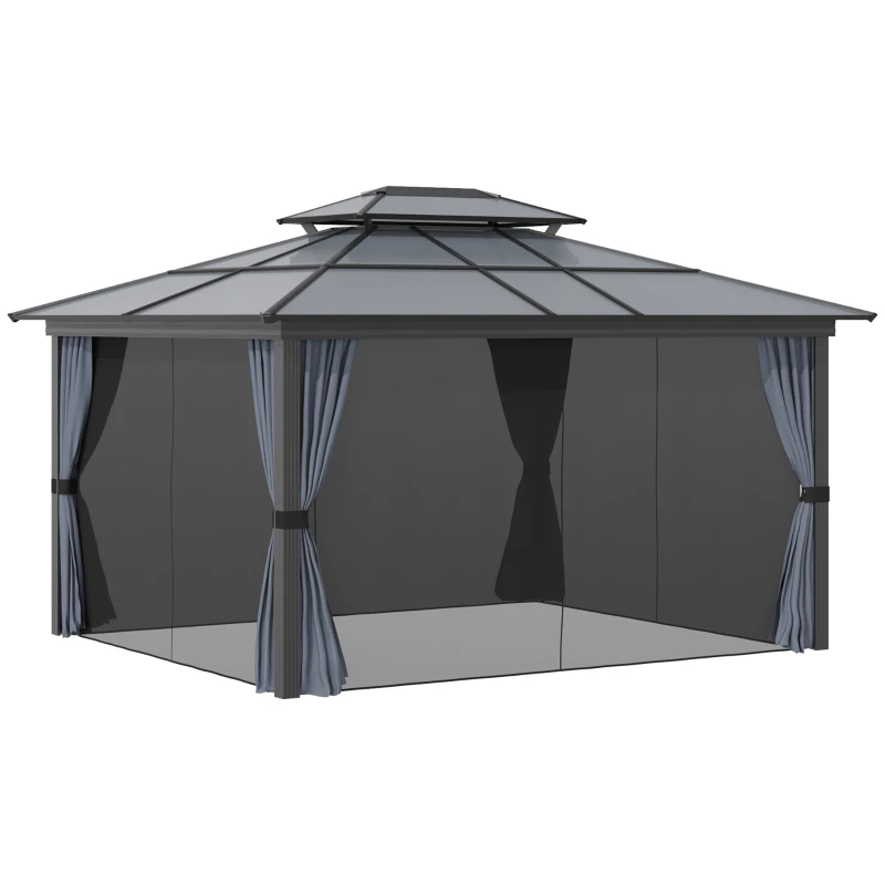 Outsunny 10' x 12' Hardtop Gazebo Canopy with Polycarbonate Roof, Aluminum Frame, Permanent Pavilion Outdoor Gazebo with Netting, for Patio, Garden, Backyard, Deck, Lawn, Black