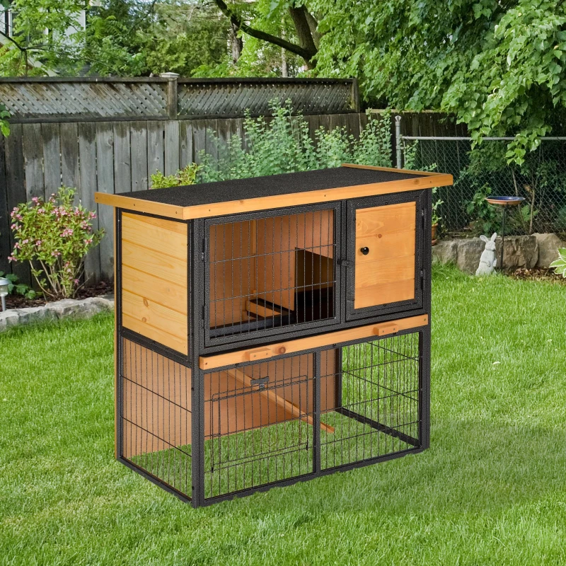 PawHut Wooden Rabbit Hutch Metal Frame Small Animal Habitat with No Leak Tray, Asphalt Openable Roof,Ramp and Lockable Door for Rabbits, Chickens, Ducks, Outdoor Light Yellow
