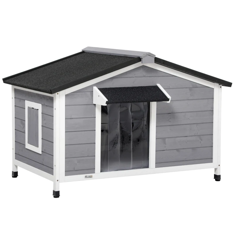 PawHut Wooden Cabin Style Outdoor Dog House with Openable Roof, Removable Bottom, Windows, Curtain, Foot Covers, Gray