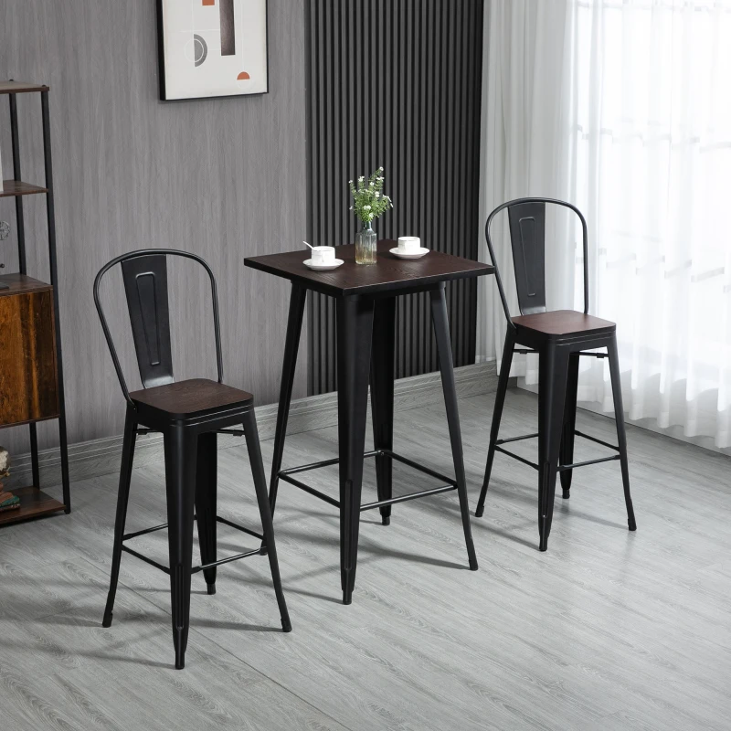 HOMCOM 3 Piece Industrial Dining Table Set, Bar Height Bar Table and Chairs Set with Footrests for Bistro, Pub, Black and Brown