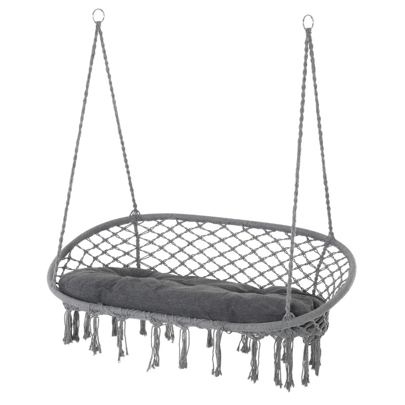 Outsunny Patio Hammock Chair 2 Seat, Hanging Rope Hammock Swing Chair with Metal Frame and Cushion, Large Macrame Seat for Indoor and Outdoor 396 lbs Capacity, Dark Grey
