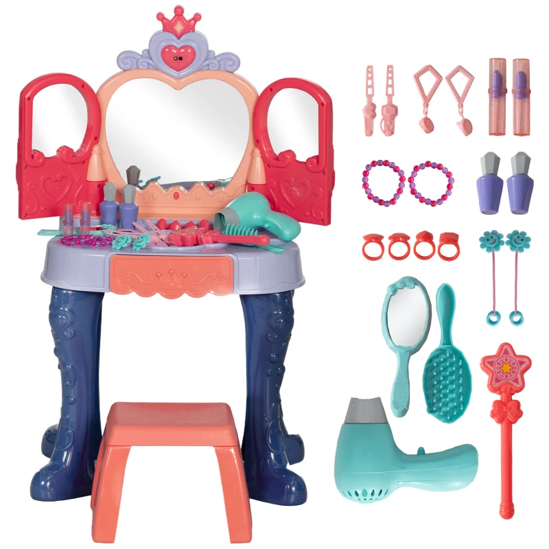 Qaba Kids Vanity Set with Mirror and Stool, Music, Light, Drawer, Hair Dryer, 20 Makeup Accessories, Multicolor
