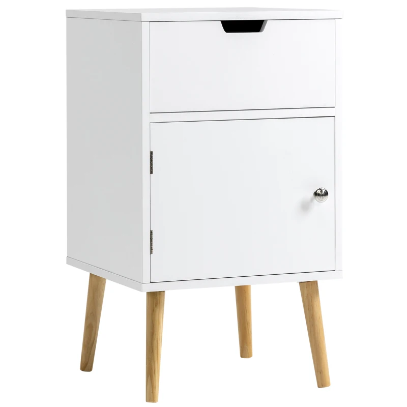HOMCOM Modern Nightstand, Bedside Table with Drawer and Cupboard, Side End Table with Solid Wood Legs for Bedroom, White