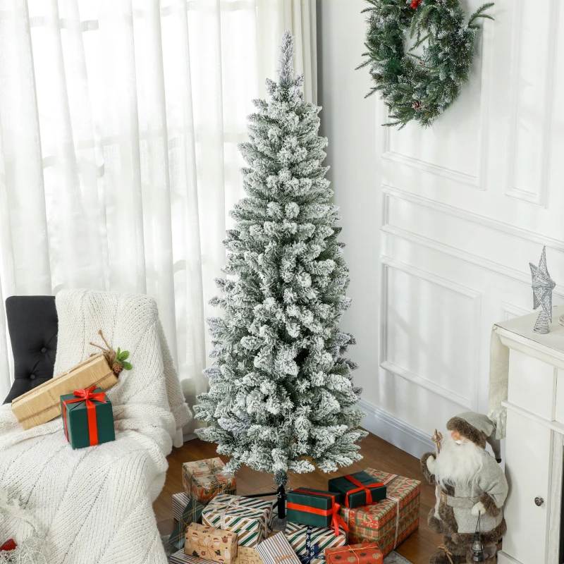 HOMCOM 6ft Pencil Christmas Tree, Flocked Tree with 479 Branch Tips and Metal Base for Home, Indoor, Holiday
