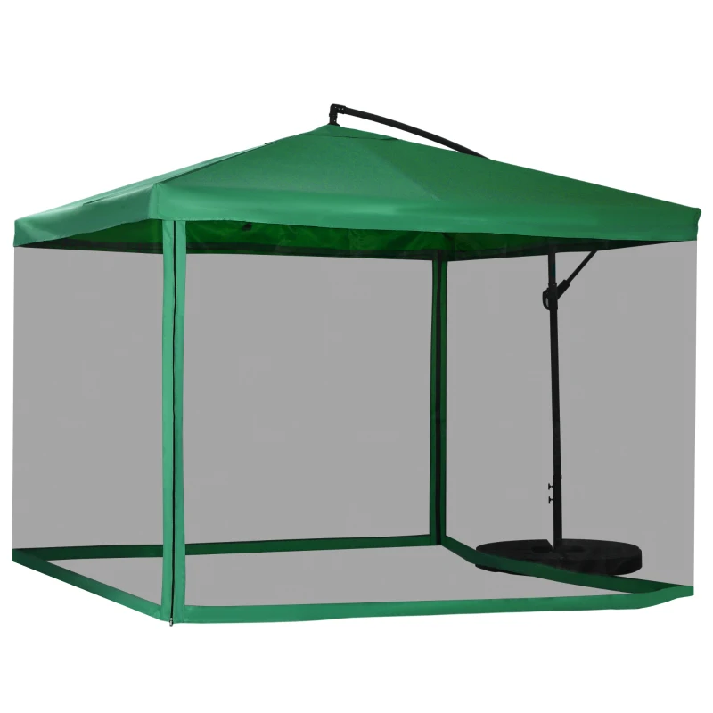 Outsunny Offset Patio Umbrella with Net and Umbrella Base, Adjustable Cantilever Canopy with Cross Base, Weight Plates and 8 Ribs for Backyard, Poolside, Garden, Green