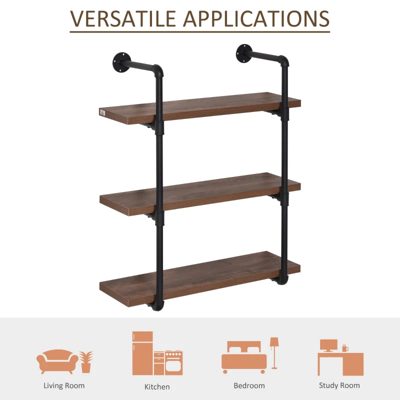 HOMCOM 3-Tier Industrial Pipe Shelves, Floating Wall Mounted Bookshelf, Metal Frame Display Rack for Living Room or Bedroom, Rustic Brown
