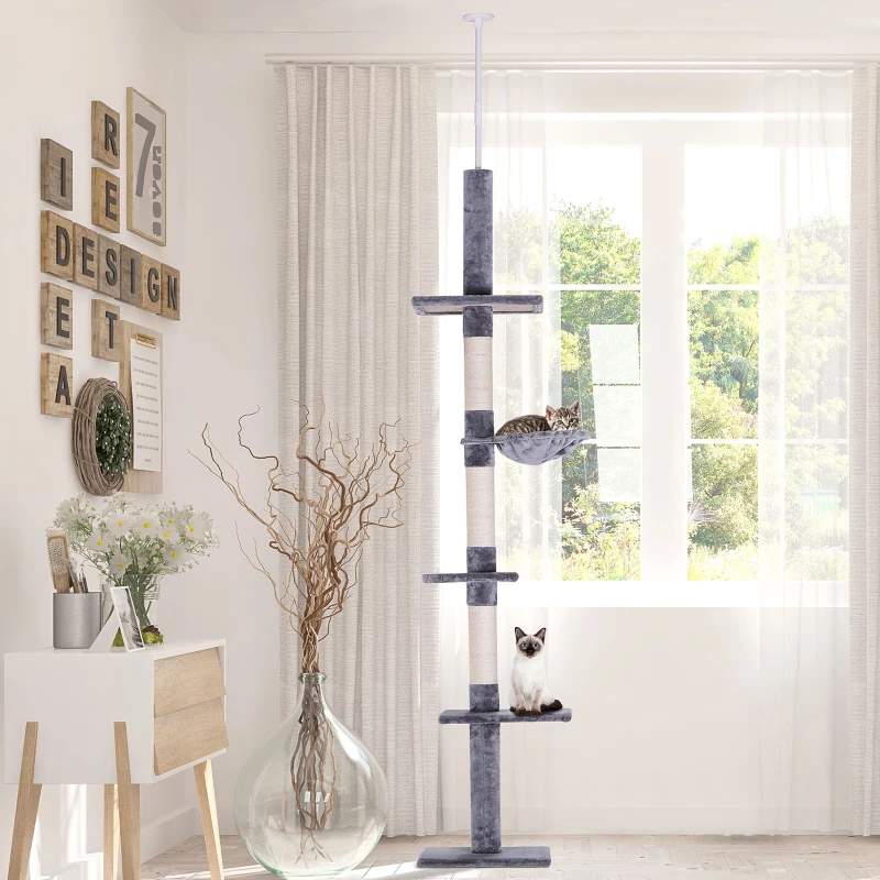 PawHut 102" Adjustable Height Floor to Ceiling Cat Tree, 5 Level Cat Tower with Scratching Posts, Hammock, Gray