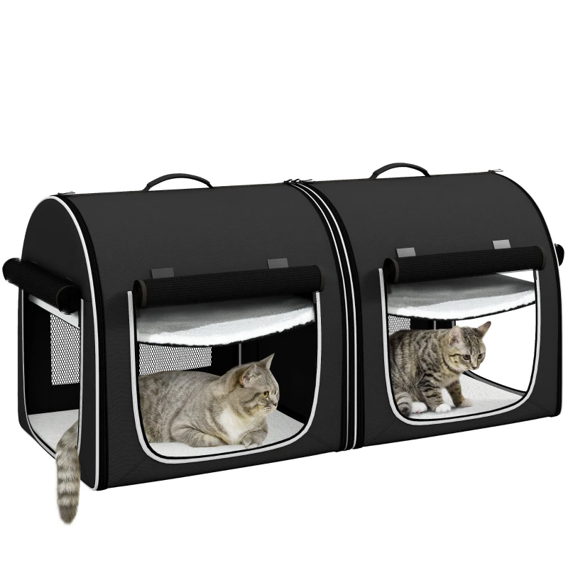 PawHut 39" Portable Soft 2 Sided Pet Cat Carrier with Divider, Two Compartment, Soft Cushions, & Storage Bag, Black