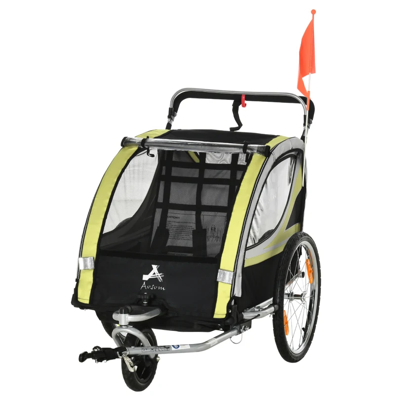 Aosom 2 Seat Bike Trailer for Kids 2-in-1 Double Baby Jogging Stroller with Handbrake, Rubber Wheels, 5 Point Harness, Waterproof Cover, Storage Bag, Reflectors, Yellow