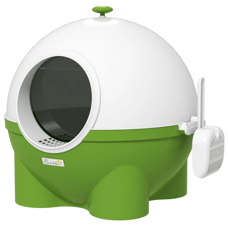 PawHut Hooded Cat Litter Box with Lid, Scoop, Leaking Sand Pedal, Top Handle, Dark Green