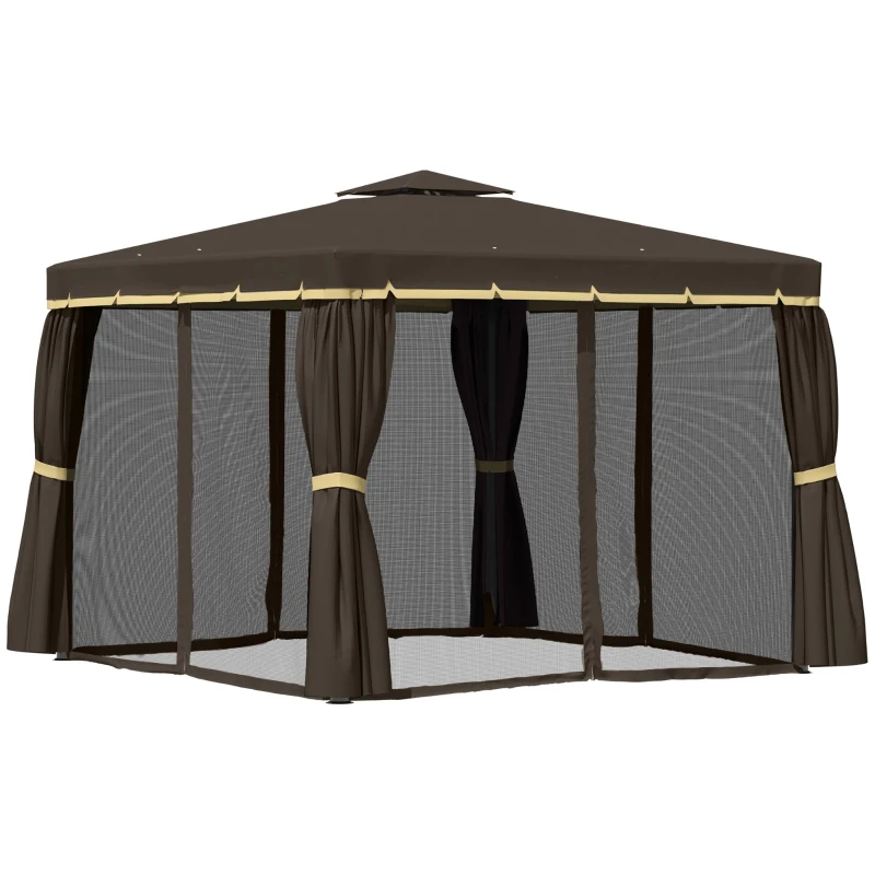 Outsunny 10' x 10' Patio Gazebo, Aluminum Frame Double Roof Outdoor Gazebo Canopy Shelter with Netting & Curtains, for Garden, Lawn, Backyard and Deck, Coffee