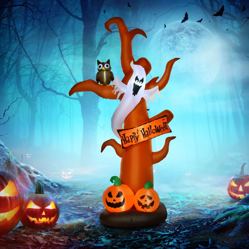 HOMCOM 9' Inflatable Tree with Ghost and Pumpkin, Halloween LED Light Yard Display Indoor Outdoor for Garden, Lawn, Party, Holiday
