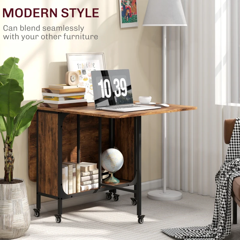 HOMCOM Folding Dining Table, Extendable Kitchen Table for Small Spaces with Storage Shelf and 6 Wheels, Rustic Brown