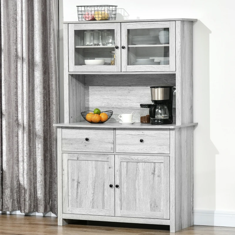 HOMCOM 63.5" Kitchen Buffet with Hutch, Pantry Storage Cabinet with 4 Shelves, Drawers, Framed Glass Doors, Open Microwave Countertop, Ash Grey