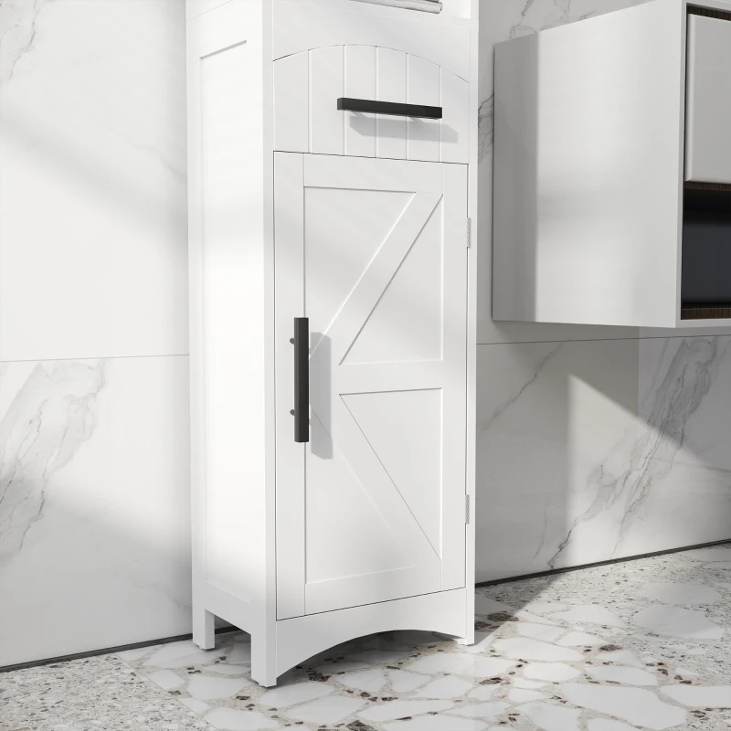 HOMCOM Farmhouse Tall Slim Bathroom Storage Cabinet with Recessed Drawer, Narrow Cabinet with Barn Door, White