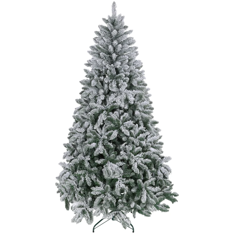 HOMCOM 7 Foot Artificial Flocked Christmas Tree with Snow, Metal Stand, Hinged Xmas Tree for Home Office Holiday