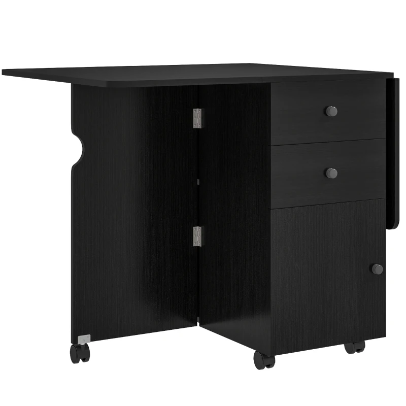 HOMCOM Extendable Dining Table, Drop Leaf Table with 2 Drawers, Cabinet and 6 Wheels for Small Spaces, Kitchen, Black Wood Grain