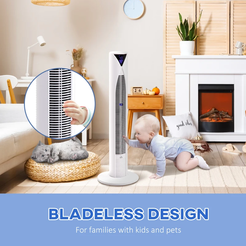HOMCOM 38 Inch Tower Fan for Bedroom Cooling, 70°Oscillating Fan with 3 Speeds, 12H Timer, and Remote Control, Standing Floor Fan for Home Office, White