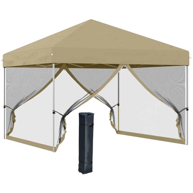 Outsunny 10' x 10' Pop-Up Party Tent Outdoor Canopy Tent with Mesh Sidewalls, 3-Level Adjustable Height, Roller Bag, Khaki