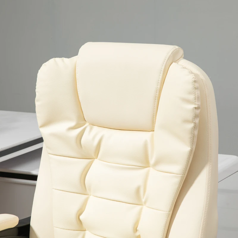 HOMCOM High Back Office Chair PU Leather Executive Office Chair with Retractable Footrest Padded Armrest Cream White