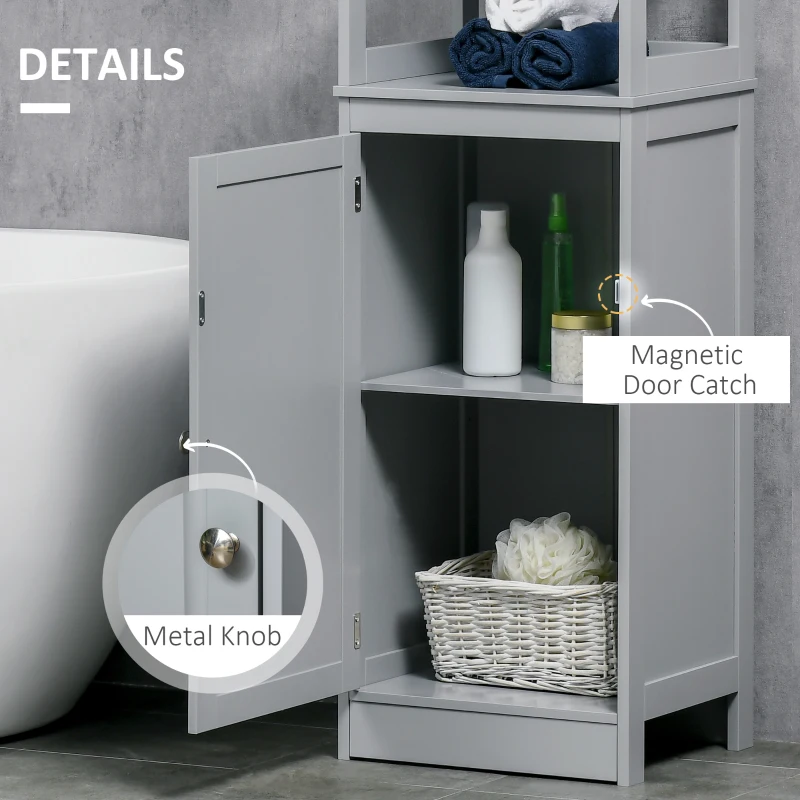 kleankin Tall Bathroom Storage Cabinet, Freestanding Linen Tower with 3-Tier Open Shelf and Door, Slim Floor Organizer, Grey