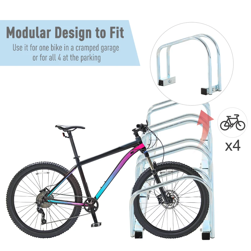 HOMCOM 4-Bike Bicycle Floor Parking Rack Cycling Storage Stand Ground Mount Garage Organizer for Indoor and Outdoor Use Silver