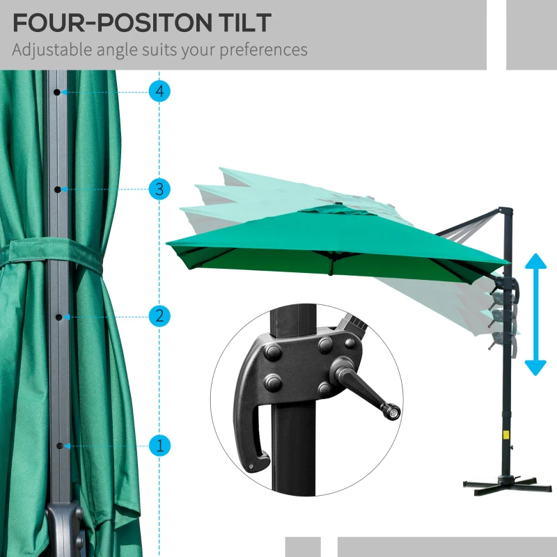 Outsunny 10x10ft Cantilever Umbrella with 4 Adjustable Angle and Rotation, Square Top Market Parasol with Aluminum Pole and Ribs for Backyard Patio Outdoor Area, Green
