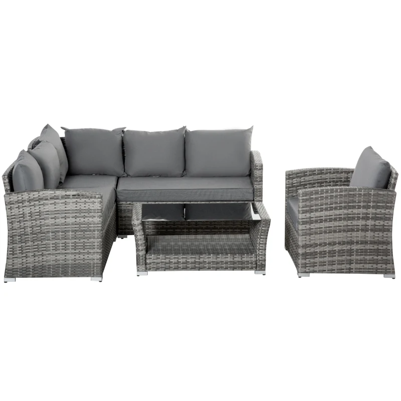 Outsunny 5 Pieces Wicker Patio Furniture Set with 4" Thick Cushions, Outdoor PE Rattan Garden Conversation Sectional Sofa Set with Glass Top Two-tier Coffee Table, Grey