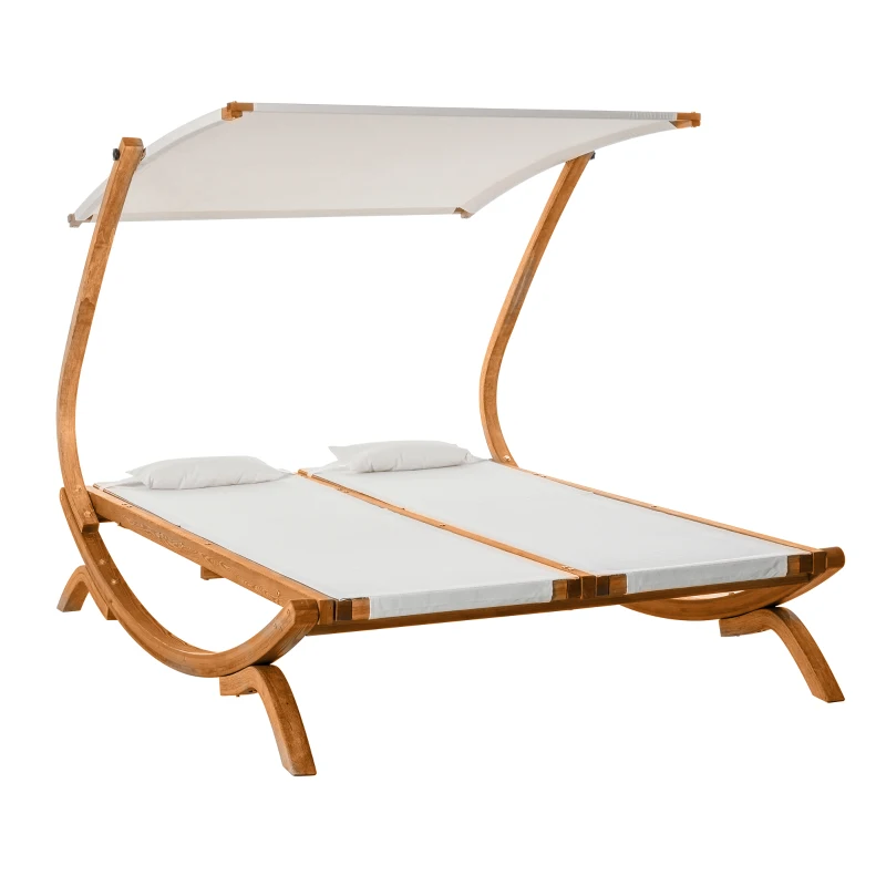 Outsunny Wooden Outdoor Double Chaise Lounge, Patio Loveseat Tanning Chair with Adjustable Canopy Shade, 3-Level Backrest, Removable Pillows for 2 People for Poolside, Beige