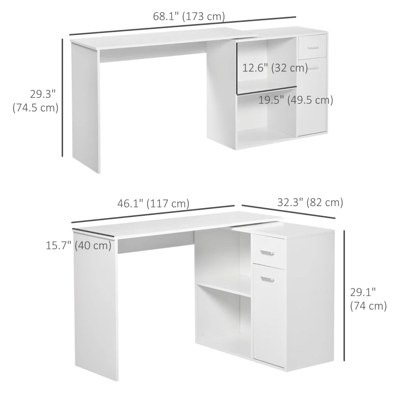 HOMCOM 180° Rotating Home Office Corner Desk Storage Shelf Cabinet White