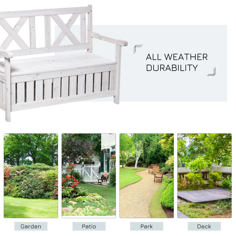 Outsunny Wooden Outdoor Storage Bench 2-Person Backyard Patio Bench with Louvered Side Panels & Wood Build, White