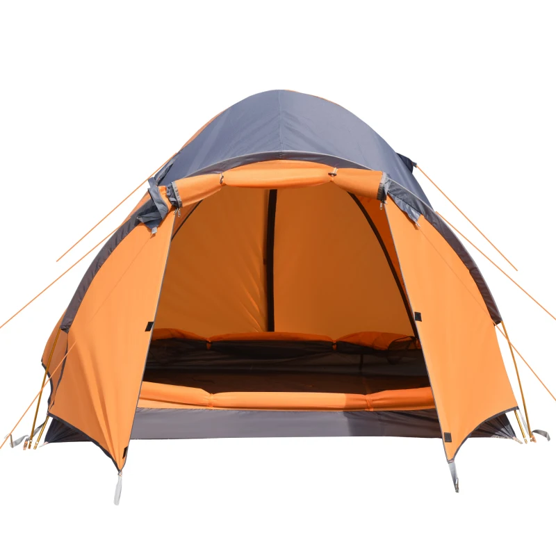 Outsunny Camping Tent with Porch for 4 People, Compact Portable Travel Camping Gear with 3 Doors, Outdoor Dome Tent for Backpacking Hiking or Beach with Windows, Carrying Bag, Orange