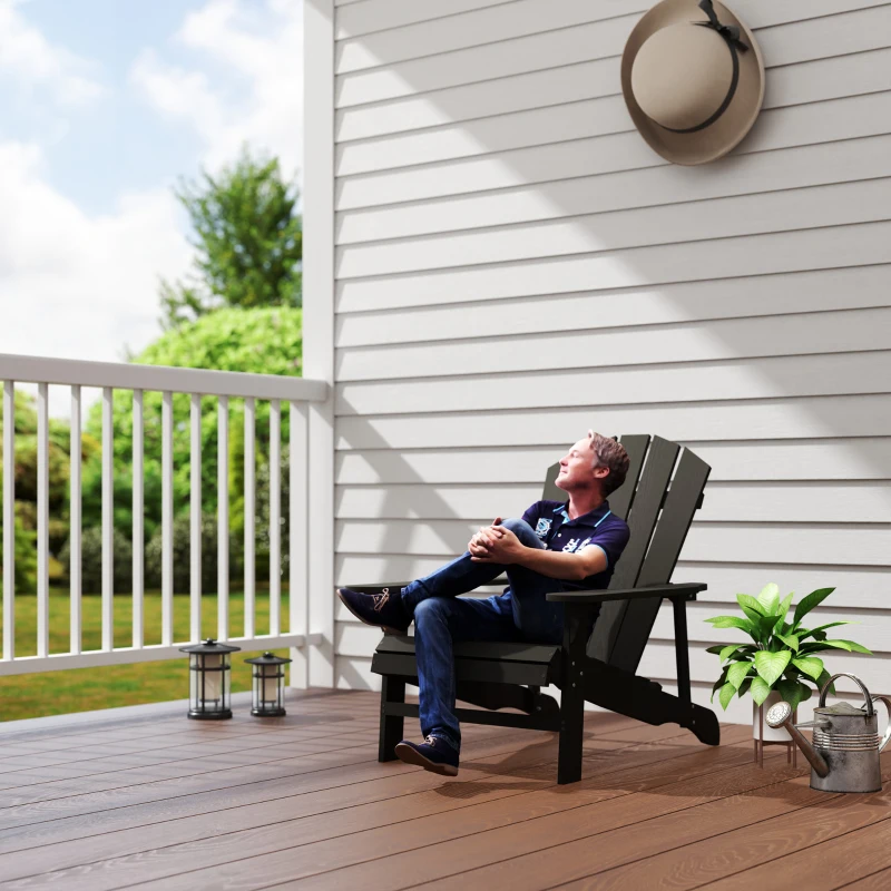 Outsunny Wood Adirondack Chair, Outdoor Patio Muskoka Chair with Slatted Design for Deck, Garden, Backyard, Fire Pit, Black