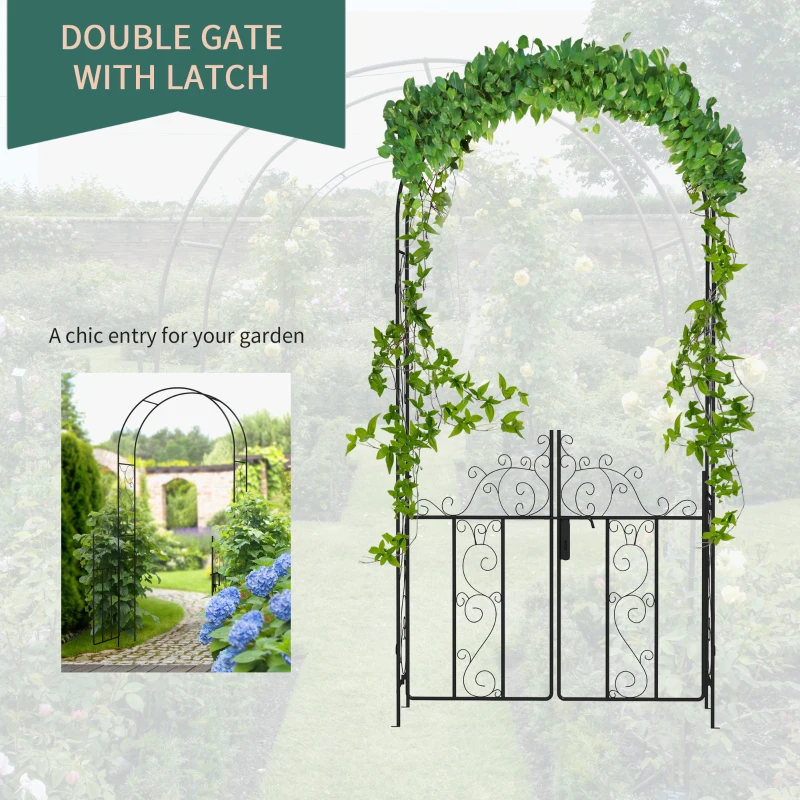 Outsunny Metal Garden Arch with Gate, Garden Arbor Trellis for Climbing Plants, Roses, Vines, Wedding Arch, Black
