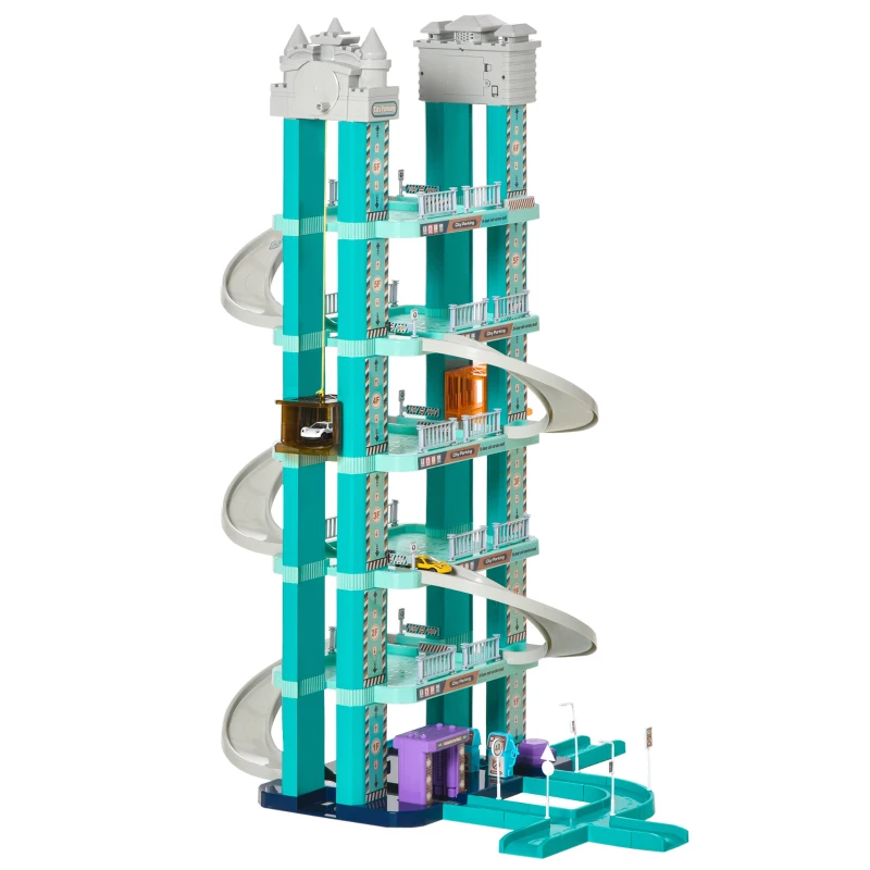 Qaba 6-Level Car Parking Garage Toy Race Tracks Car Ramp Set Toddler Car Games w/ Cars Maunal & Electric Elevators Wash, Gas, Ejector & Car Repair Station for 3-6 Years Old
