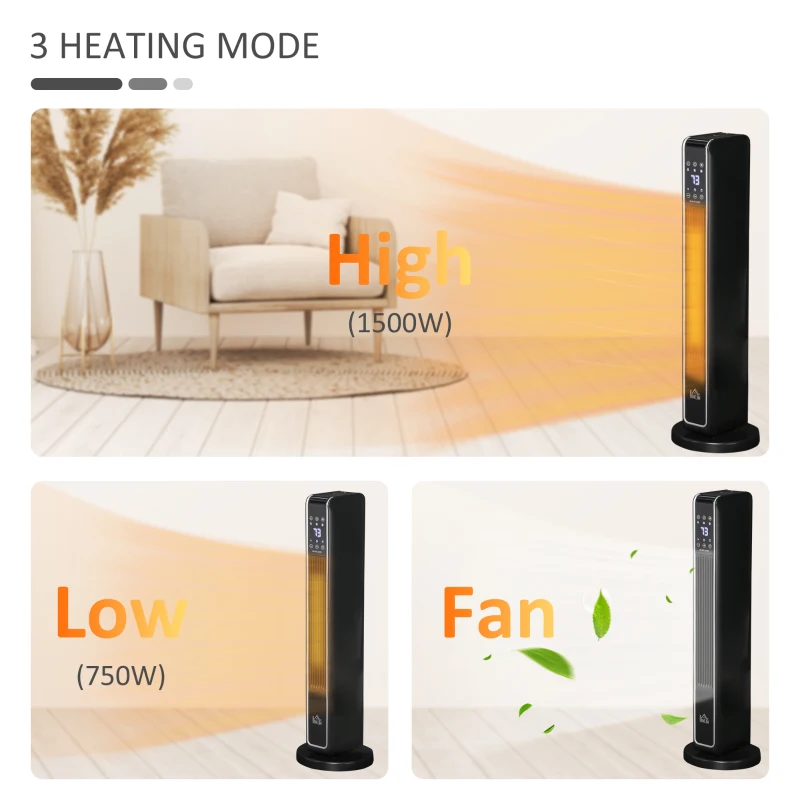 HOMCOM 2-In-1 Portable Electric Tower Heater, Oscillating Space Heater for Indoor Use with Remote Control, 8H Timer, Three Heating Modes(High, Low, Fan), 750W / 1500W, Black