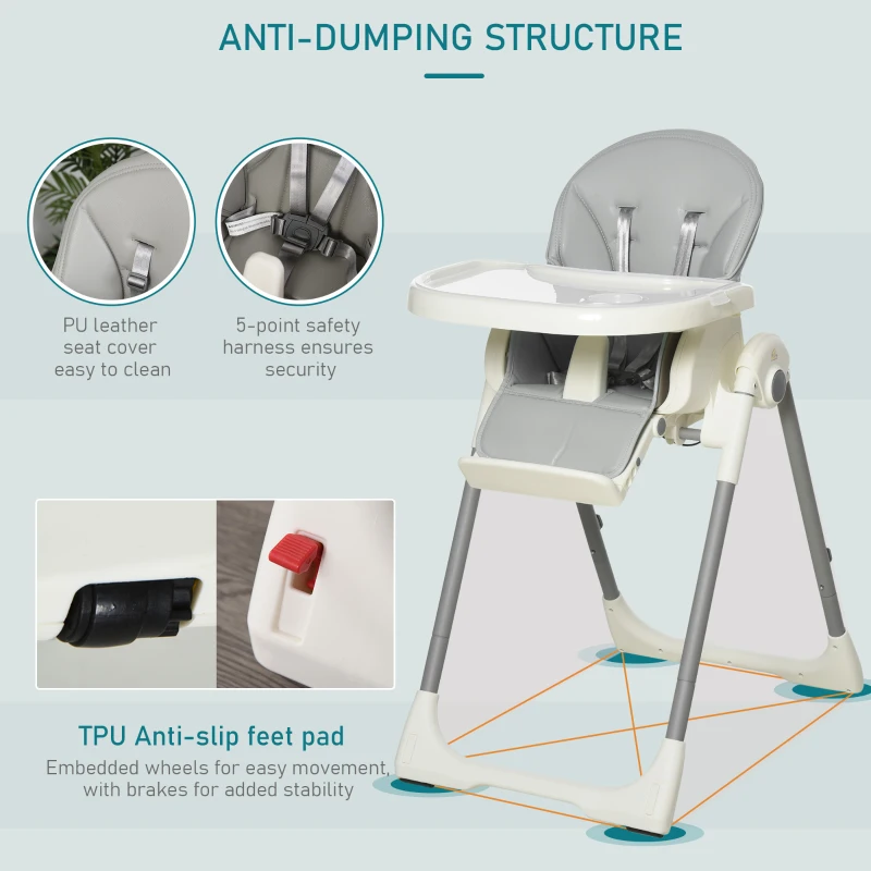 Qaba Foldable High Chair for Babies and Toddlers with Adjustable Backrest/Footrest & Removable Tray, Portable High Chair for Travel with 5-Point Harness, Convertible High Chair, Grey