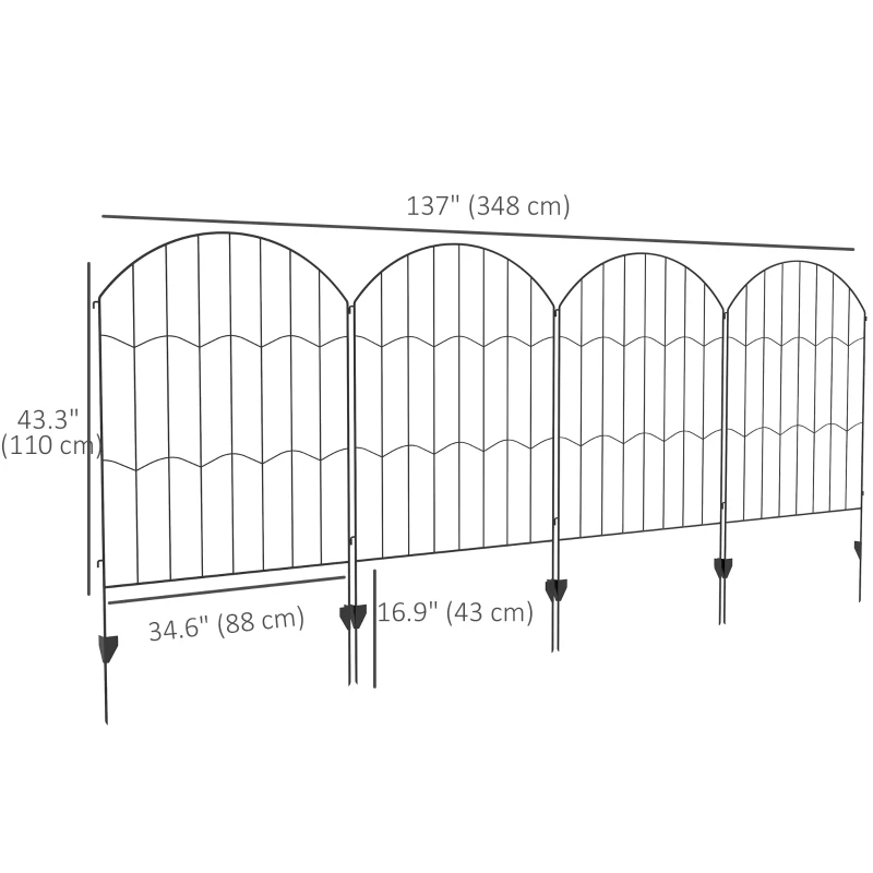 Outsunny 4 Pack Garden Fencing for Yard, Decorative Fence Panels as Animal Barrier and Flower Edging, Circle, Black, Wave